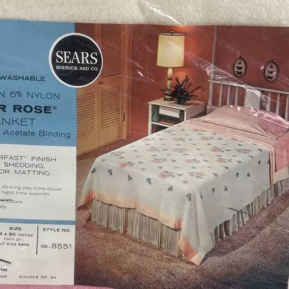 Sears Riviera Rose Pink Floral Acrylic Twin Blanket with Satin Trim – NOS 1970s
